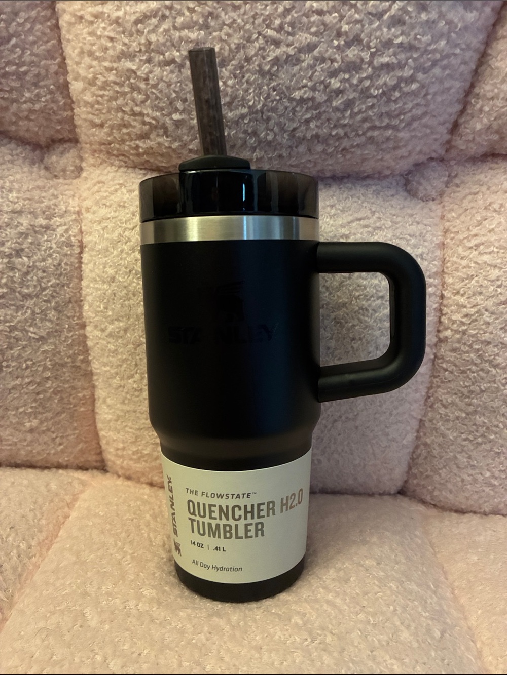 Stanley Black Travel Tumbler with Handle and Straw